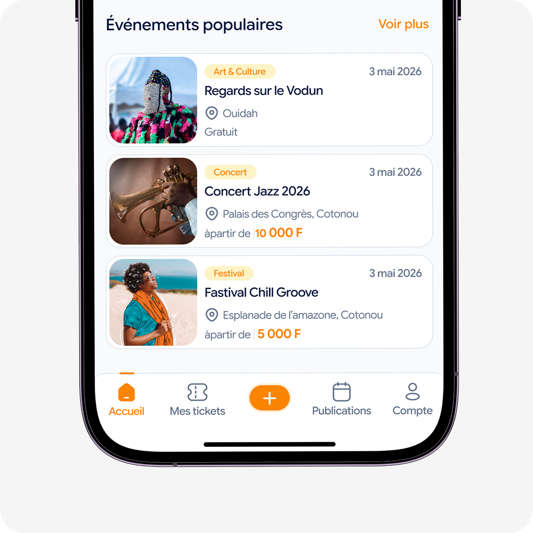 Aperçu de l'application TicketNid affichant les événements populaires