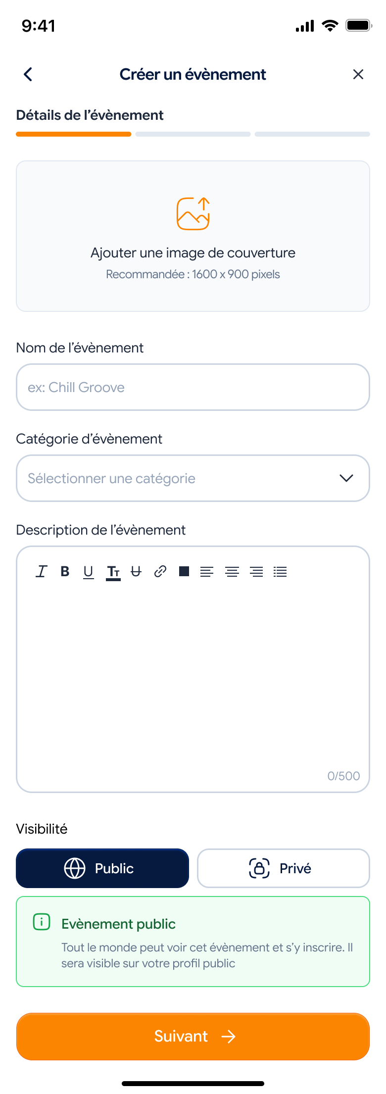 Aperçu de l'écran de création d'un évènement dans l'application TicketNid