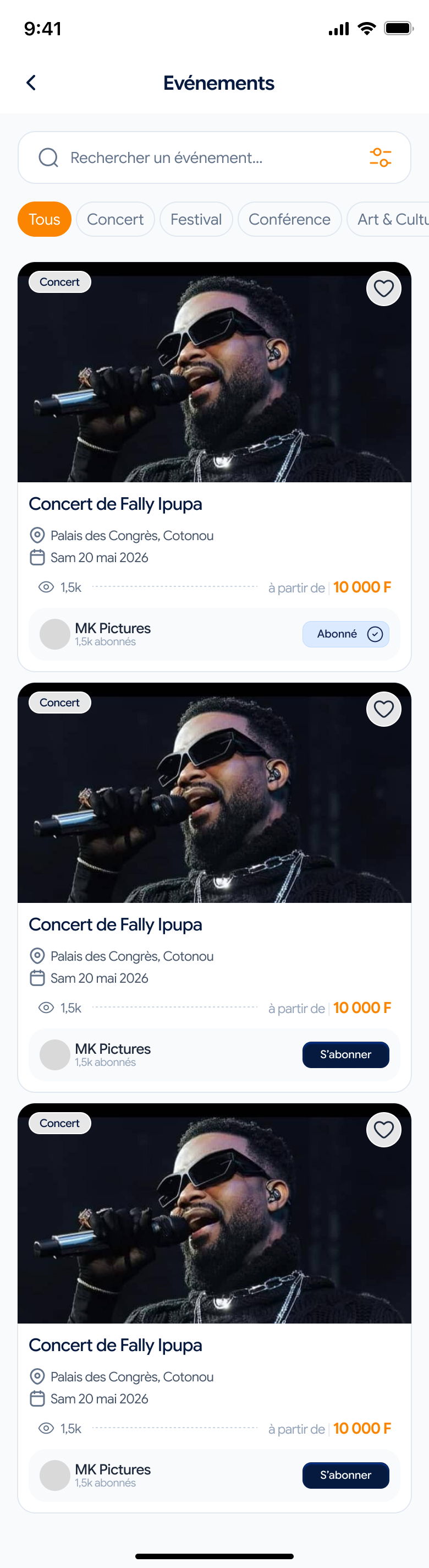 Aperçu de la liste des évènements dans l'application TicketNid