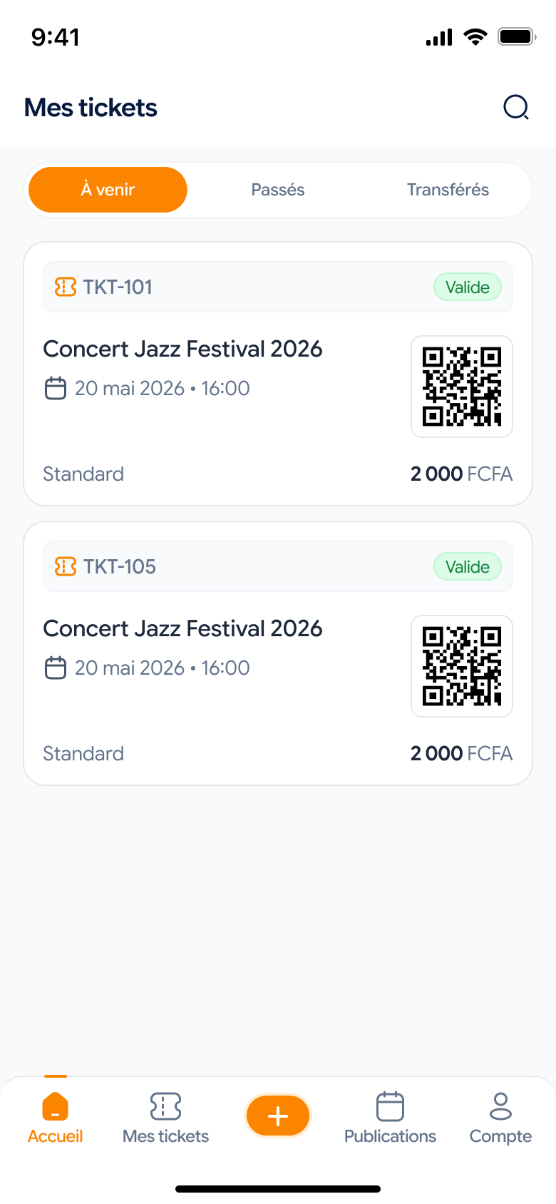 Aperçu de la liste des tickets achetés dans l'application TicketNid